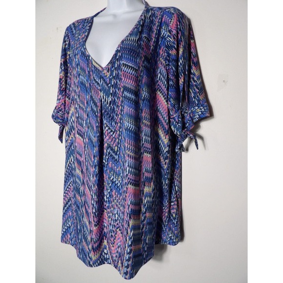 J.T.B. Woman Shirt 2X Slinky Top Colorful Abstract Tie Sleeve V Neck Plus Fun - Picture 2 of 10